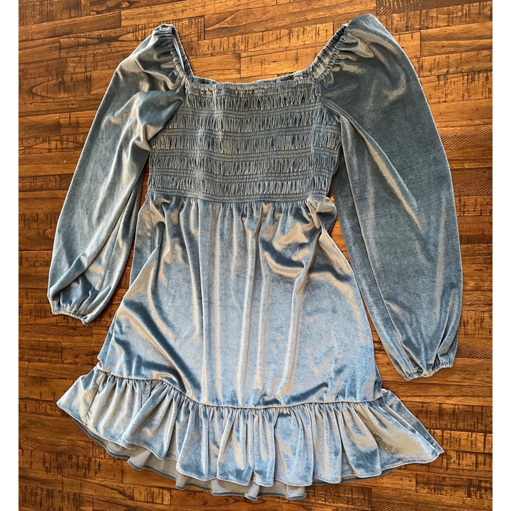 NWT LC Lauren‎ Conrad M Blue Velvet Smocked Mini Dress Long Balloon Sleeve Party